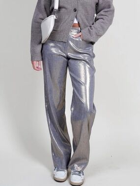 10 Crosby Derek Lam Silver Metallic Wide-Leg Pants